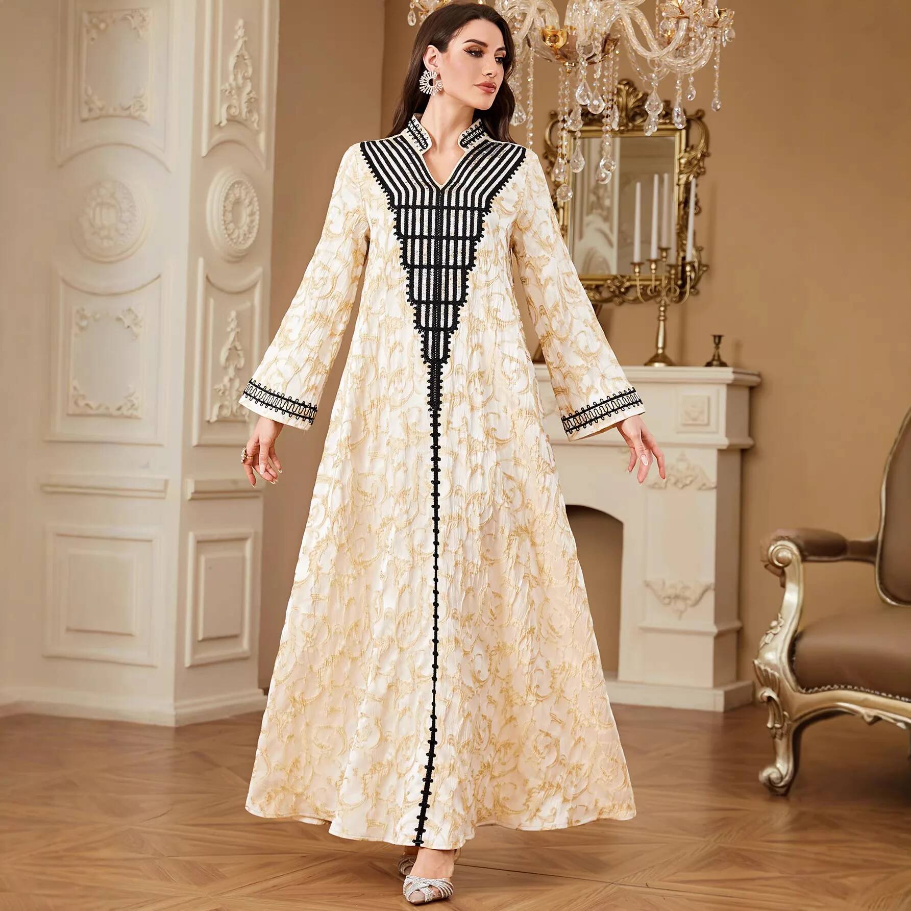Urban Ethnic Fashion - Urban Commuting Embroidered V-neck Dress Ethnic